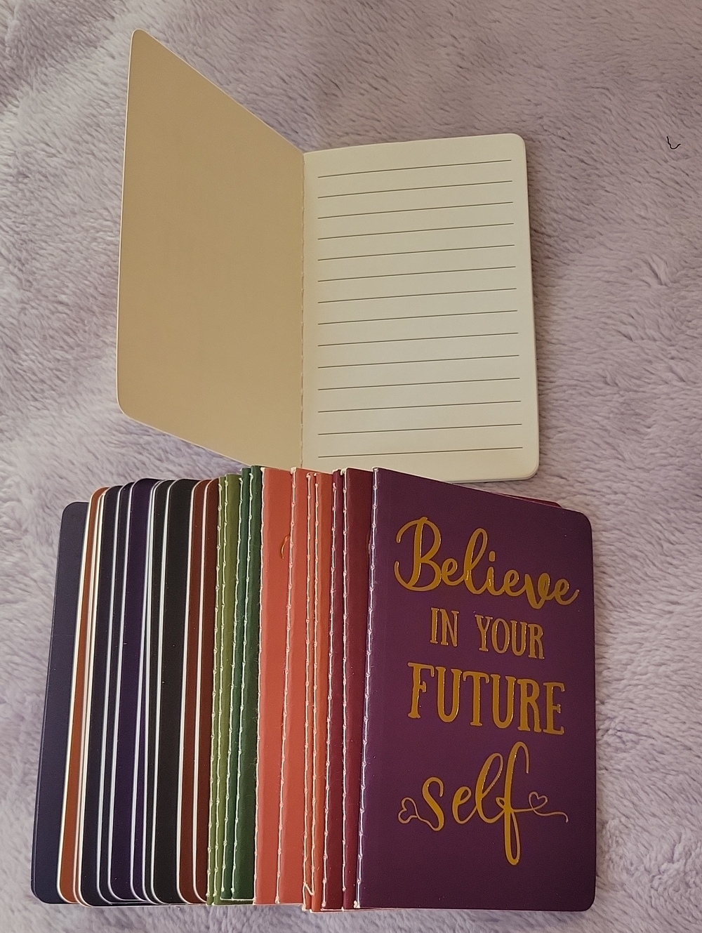 Compact lined notebook with gold foil inspirational cover.